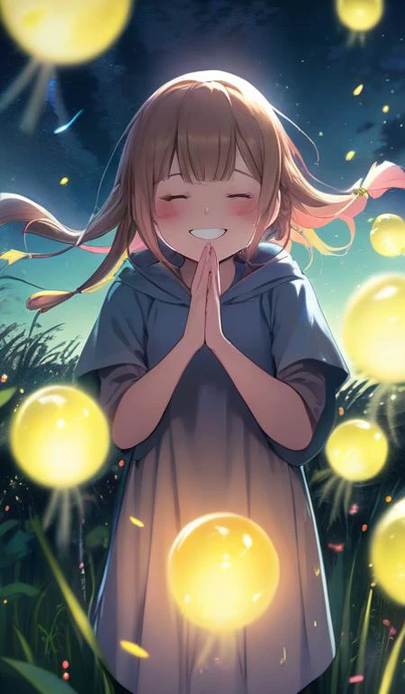 (masterpiece, high res, best quality), 1 girl, priestess, hood, closed eyes,Night, night sky, meadow, surrounded by fireflies, surrounded by small light balls, circled by small light balls, Cheerful smile, holding out hands to catch fireflies, holding out hands to catch light balls, illuminate by small light balls, rainbow colored small light balls, tornado of fireflies