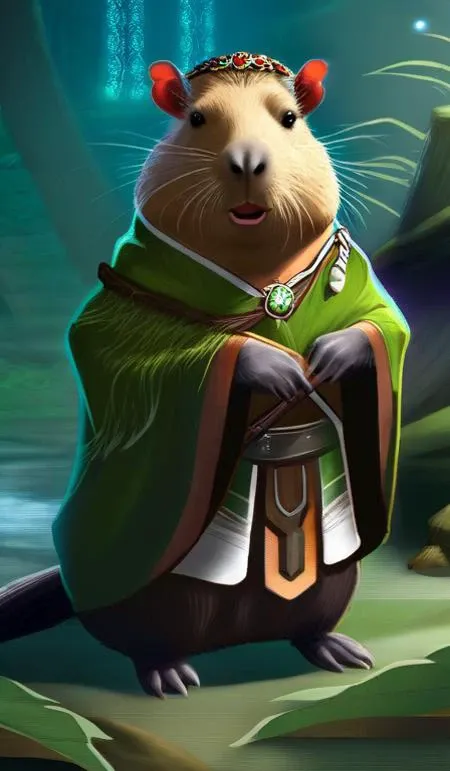 Capybara Shapeshifter Druid Mage, D&D, artstation, fantasy, magic the gathering artwork, cinematic lighting, centered, symmetrical, highly detailed, digital painting, , concept art, smooth, sharp focus, illustration, volumetric lighting, epic Composition, 8k, art by Akihiko Yoshida and Greg Rutkowski and Craig Mullins, oil painting, cgsociety