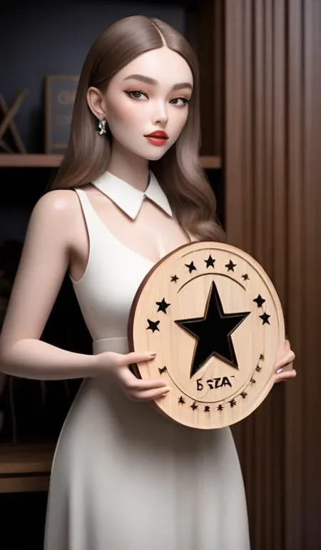 there is a fashion girl holding up a small wooden plaque carved with the word "5 STAR" in the center.