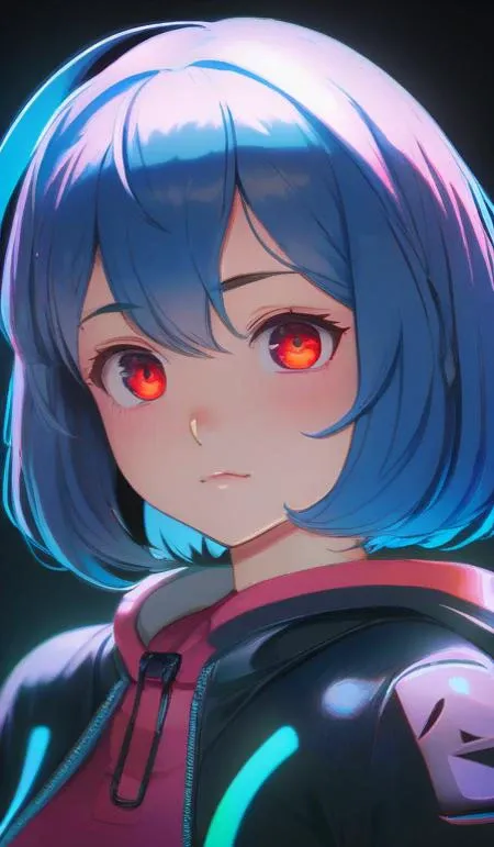 (masterpiece, top quality, best quality, official art, beautiful and aesthetic:1.2), cinematic lighting, upper body, extreme detailed, studio anime, key visual, (bioluminescent details:1.1), (subsurface scattering:1.1), colorful, rim, virtual youtuber, 1girl, solo, blue hair, multicolored hair, red hair, short hair, bangs, multicolored eyes, hood,looking at viewer, dynamic pose, dynamic angle, dynamic lighting, , Enclosed_space_for_growing_and_exhibiting_plants,,