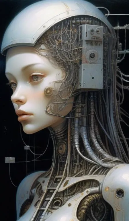 female robot pilot, mechanical creature, electronic wires relays computer nerves, girl face, dystopian surrealism, alex ries zdzisaw beksinski giger, very intricate details, demon chinese female, deep luminous eyes contain galaxies, head contains nebula, deep aesthetic, concept art, carved silver circuits diodes resistors semiconductors, highly ornate