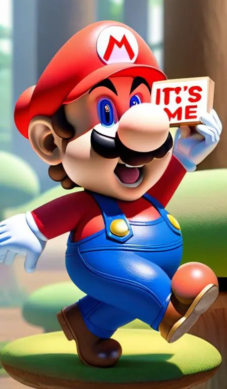 Mario step on mushroom holding the sign,Holding a wooden plaque with 'It's me,Mario!' written on it,