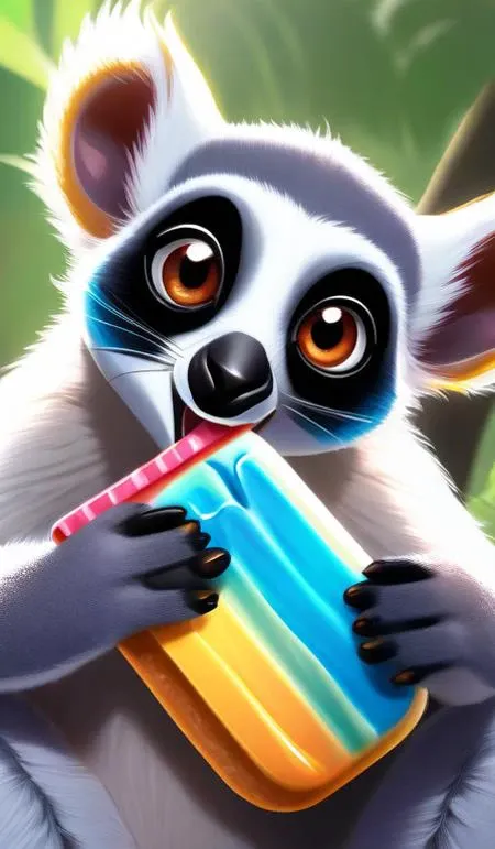 a lemur eating a popsicle, cute, intricate, highly detailed, digital painting, trending on artstation, smooth, sharp focus, backlit, rim light, vivid colors, illustration, unreal engine 5, 8 k, art by blizzard, league of legends, world of warcraft