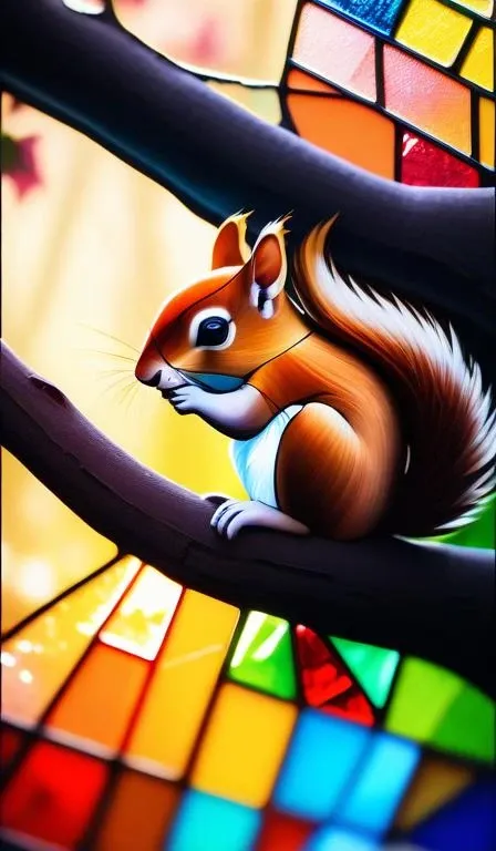macro photo of a squirrel totally made of small pieces of colorful stained glass, sub scattering surface, translucent BREAK tree trunk, sunrise, bokeh,