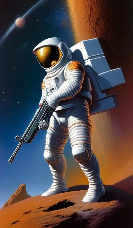 a painting of a spaceman holding a rifle, concept art by michael whelan and tim white and vincent di fate, featured on deviantart, space art, concept art, sci - fi, cosmic horror