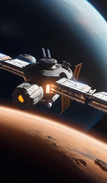 exterior close up shot of a space station orbiting a planet, you can see the planet below clearly, the planet is warm with canyons, sharp focus, concept art, very detailed, very realistic, trending on artstation, in the style of star citizen, star wars, overwatch, elite dangerous, beautiful, sci fi, cinematic shot, great composition, dynamic light, atmosphere, space opera,