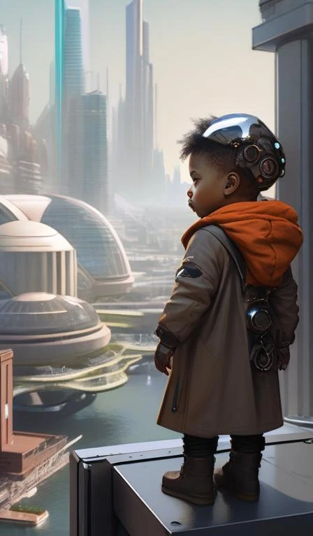 colse up on a toddler, half human half alien, trending on artstation, ultra futuristic city in the background, perspective depth, highly detailed, 8k, Rembrandt, WLOP, Craig Russell, Barry qindsor-smith, Greg rutkowski, Alphonse Mucha