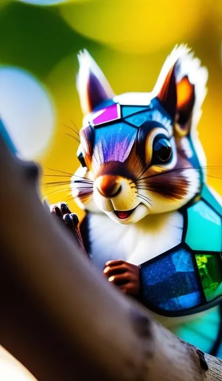 macro photo of a squirrel totally made of small pieces of colorful stained glass, sub scattering surface, translucent BREAK tree trunk, sunrise, bokeh,