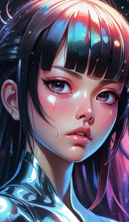 ultra detailed stunning digital painting of a angry japanese anime girl, chrome metal skin, covered in a sea of iridescent liquid, lost in a dreamy oriental realm by Karol Bak, Moebius, hiroshi yoshida, Druillet, xsullo, colorful, front view, vivid colors, 8k, coherent, anime vibes, uplifting, magical composition, artstation, synthwave, 8k, coherent, artgerm, uplifting, unreal engine, magical composition, artstation