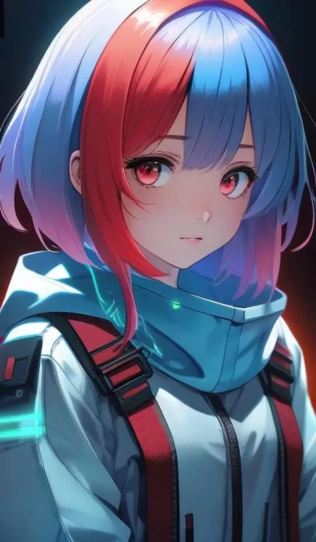 (masterpiece, top quality, best quality, official art, beautiful and aesthetic:1.2), cinematic lighting, upper body, extreme detailed, studio anime, key visual, (bioluminescent details:1.1), (subsurface scattering:1.1), colorful, rim, virtual youtuber, 1girl, solo, blue hair, multicolored hair, red hair, short hair, bangs, multicolored eyes, hood,looking at viewer, dynamic pose, dynamic angle, dynamic lighting, , Enclosed_space_for_growing_and_exhibiting_plants,,