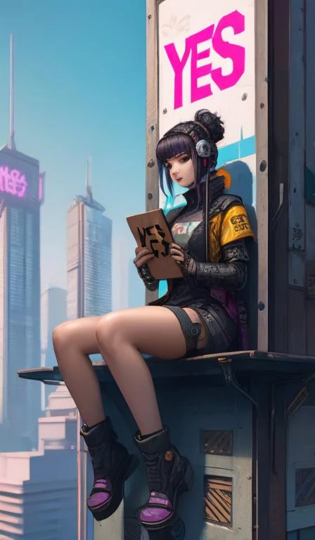 The girl in a cyberpunk dress is sitting on the top of building holding the sign,Holding a wooden plaque with YES! written on it,