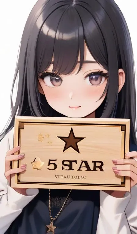 there is a fashion girl holding up a small wooden plaque carved with the word "5 STAR" in the center.