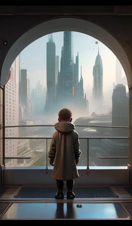 colse up on a toddler, half human half alien, trending on artstation, ultra futuristic city in the background, perspective depth, highly detailed, 8k, Rembrandt, WLOP, Craig Russell, Barry qindsor-smith, Greg rutkowski, Alphonse Mucha