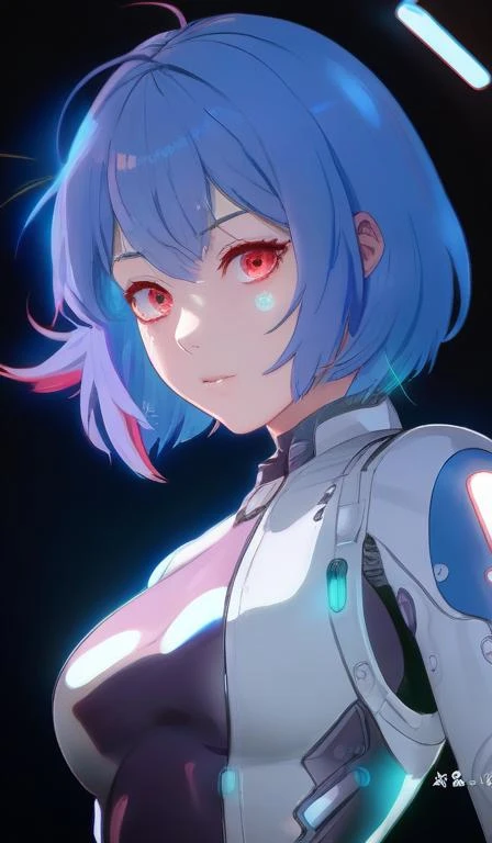 (masterpiece, top quality, best quality, official art, beautiful and aesthetic:1.2), cinematic lighting, upper body, extreme detailed, studio anime, key visual, (bioluminescent details:1.1), (subsurface scattering:1.1), colorful, rim, virtual youtuber, 1girl, solo, blue hair, multicolored hair, red hair, short hair, bangs, multicolored eyes, hood,looking at viewer, dynamic pose, dynamic angle, dynamic lighting, , Enclosed_space_for_growing_and_exhibiting_plants,,