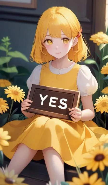 The girl in a yellow dress is sitting in the flowers holding the sorry sign,Holding a wooden plaque with YES! written on it,