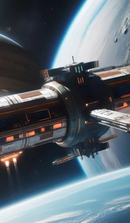 exterior close up shot of a space station orbiting a planet, you can see the planet below clearly, the planet is warm with canyons, sharp focus, concept art, very detailed, very realistic, trending on artstation, in the style of star citizen, star wars, overwatch, elite dangerous, beautiful, sci fi, cinematic shot, great composition, dynamic light, atmosphere, space opera,
