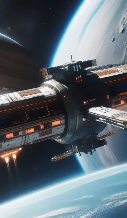 exterior close up shot of a space station orbiting a planet, you can see the planet below clearly, the planet is warm with canyons, sharp focus, concept art, very detailed, very realistic, trending on artstation, in the style of star citizen, star wars, overwatch, elite dangerous, beautiful, sci fi, cinematic shot, great composition, dynamic light, atmosphere, space opera,