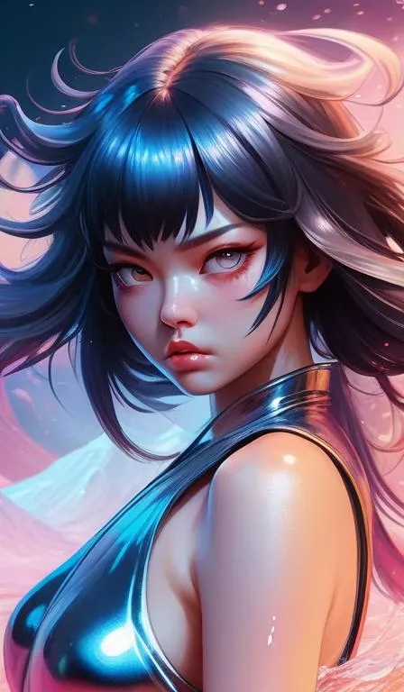 ultra detailed stunning digital painting of a angry japanese anime girl, chrome metal skin, covered in a sea of iridescent liquid, lost in a dreamy oriental realm by Karol Bak, Moebius, hiroshi yoshida, Druillet, xsullo, colorful, front view, vivid colors, 8k, coherent, anime vibes, uplifting, magical composition, artstation, synthwave, 8k, coherent, artgerm, uplifting, unreal engine, magical composition, artstation