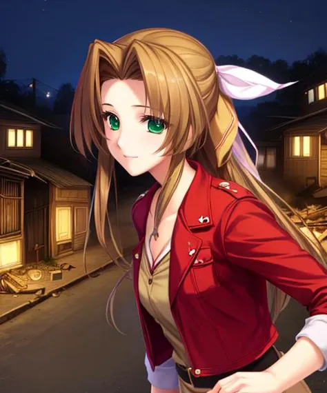 portrait, (adult woman), (1girl, solo), smile, (brown hair), green eyes, ((slums)), (night, hazy), ((best quality, high detail)), ((masterpiece)), <lora:Cha - Aerith v3:.75> aerith gainsborough, hair ribbon, braid, red cropped jacket, dress, <lora:1_tenmaso_15e:1>