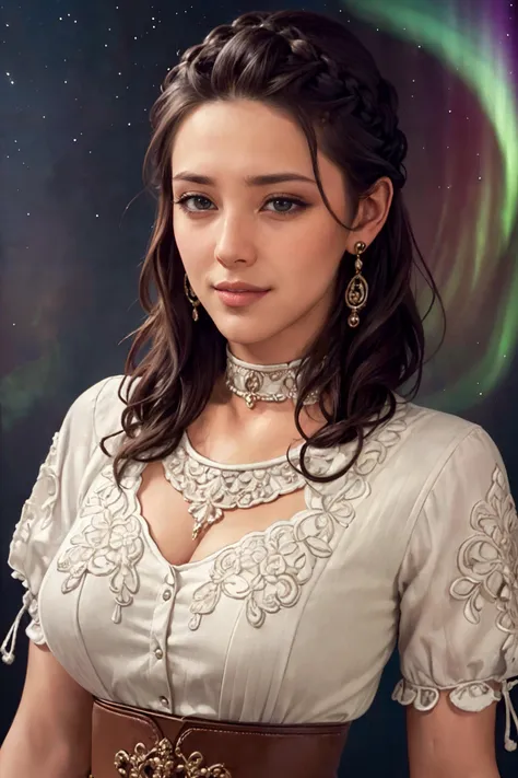 (masterpiece, realistic:1.3), (extremely intricate:1.2), (photorealistic:1.4), (extremely delicate), (ultra realistic:1.3), (fullbody shot:1.2), hyperrealistic photography, extremely detailed CG unity 8k wallpaper, UHD, HDR, RAW photo, dslr, hyperrealistic 3d render,
Build a stunning, highly detailed work of art, (  wearing  Ornate peplos with intricate geometric patterns and a belted waist ), Female Viking, Short, Skinny, Square Face, Fair Skin, Black Hair, Brown Eyes, Short Nose, Thick Lips, Prominent Chin, Long Hair, Fine Hair, Braided Updo, full breasts, Threader earrings, brown cream lipstick, Surrealist Art, sensuous, Northern Lights, wearing edgCT, chic top, abs,
<lora:edg_chicTops_v10:0.6>, edgCT, blouse, choker, <lora:odaNonStyle-v1.5newcraft:0.4>