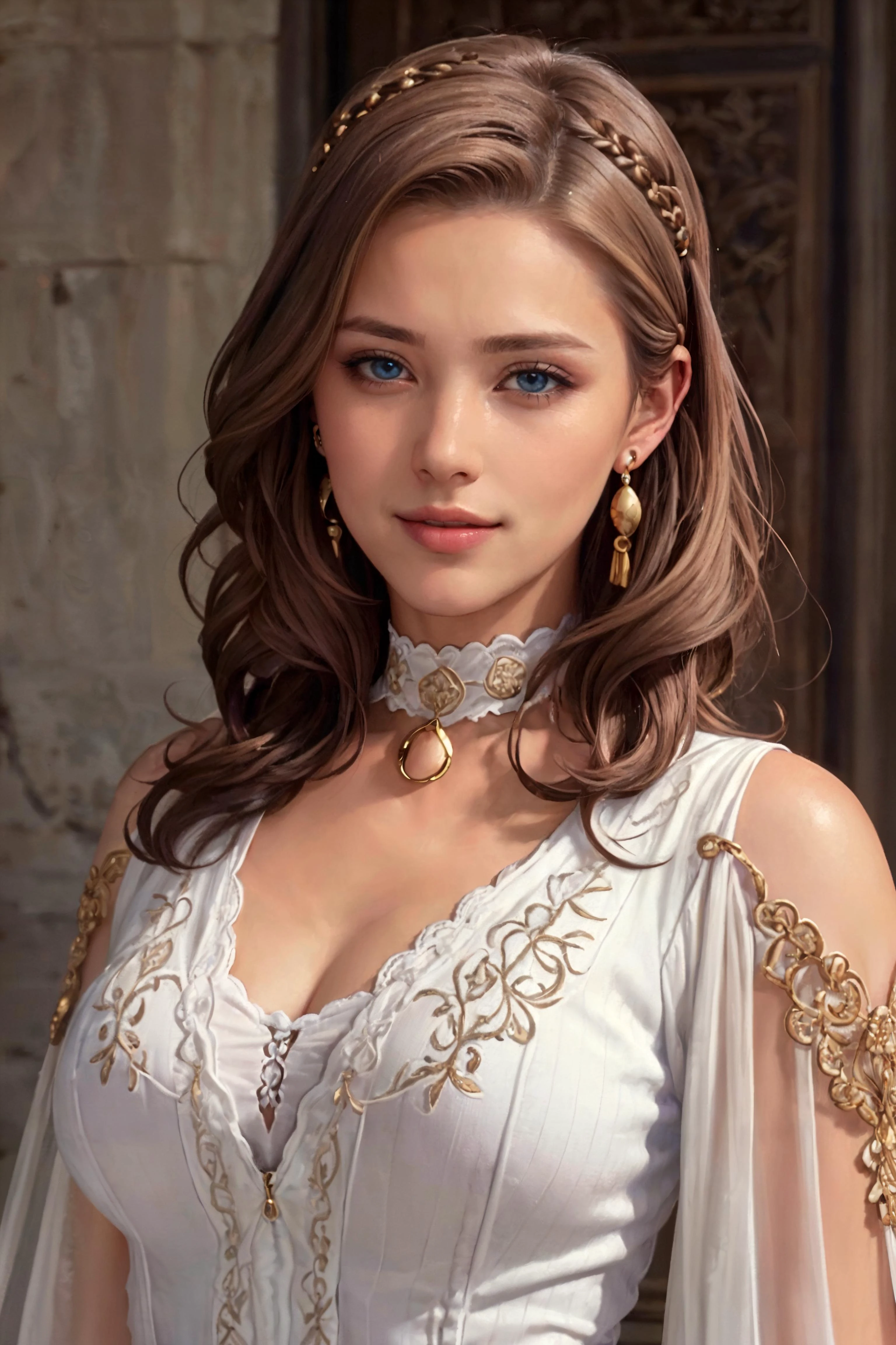 (masterpiece, realistic:1.3), (extremely intricate:1.2), (photorealistic:1.4), (extremely delicate), (ultra realistic:1.3), (fullbody shot:1.2), hyperrealistic photography, extremely detailed CG unity 8k wallpaper, UHD, HDR, RAW photo, dslr, hyperrealistic 3d render,
Build a stunning, highly detailed masterpiece, ( wearing Flowing himation with rich colors and geometric patterns ), Empress, Average Height, Fit, Round Face, Olive Skin, Golden Blonde Hair, blue Eyes, Short Nose, Thick Lips, Round Chin, Long Hair, Curly Hair, High Chignon, small breasts, Drop earrings, fuchsia matte lipstick, expressionism oil painting, glossy, Waves, Tribal, wearing edgCT, chic top, abs,
<lora:edg_chicTops_v10:0.6>, edgCT, blouse, choker, <lora:odaNonStyle-v1.5newcraft:0.4>
