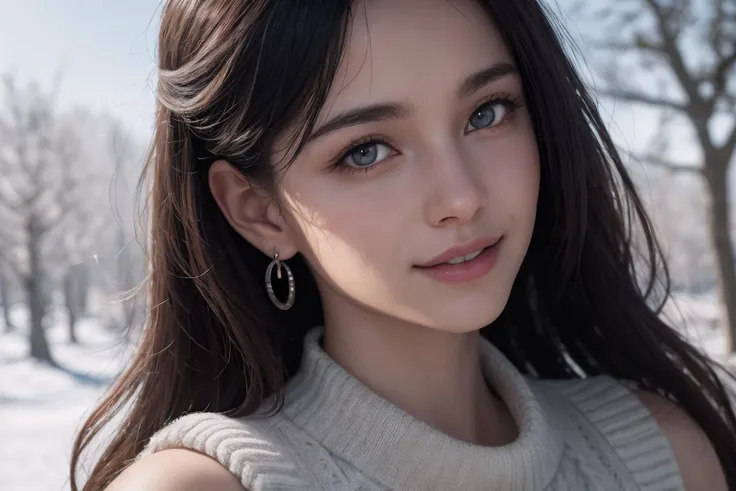 (best quality, masterpiece, 8K, ultra high res, realistic, close-up, photon mapping, radiosity, physically-based rendering:1.4), (photorealistic:1.4), (raw photo:1.4), (Exquisite details and textures:1.2), (black long hair:1.2), 1girl, solo ,(young), looking at viewer, (high collar sweater:1.2), necklace, jewelry, earrings, slim body, (smile:1.1), There is a lot of snow on the trees around the forest in the background,