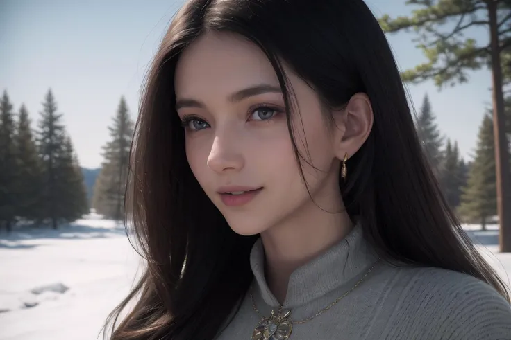 (best quality, masterpiece, 8K, ultra high res, realistic, close-up, photon mapping, radiosity, physically-based rendering:1.4), (photorealistic:1.4), (raw photo:1.4), (Exquisite details and textures:1.2), (black long hair:1.2), 1girl, solo ,(young), looking at viewer, (high collar sweater:1.2), necklace, jewelry, earrings, slim body, (smile:1.1), There is a lot of snow on the trees around the forest in the background,