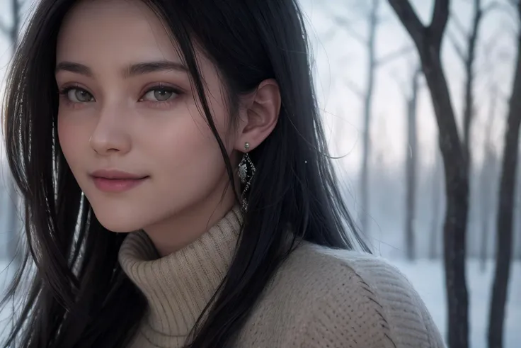(best quality, masterpiece, 8K, ultra high res, realistic, close-up, photon mapping, radiosity, physically-based rendering:1.4), (photorealistic:1.4), (raw photo:1.4), (Exquisite details and textures:1.2), (black long hair:1.2), 1girl, solo ,(young), looking at viewer, (high collar sweater:1.2), necklace, jewelry, earrings, slim body, (smile:1.1), There is a lot of snow on the trees around the forest in the background,