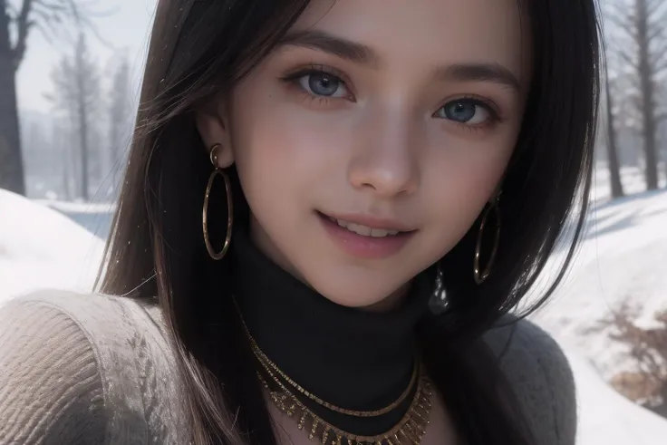 (best quality, masterpiece, 8K, ultra high res, realistic, close-up, photon mapping, radiosity, physically-based rendering:1.4), (photorealistic:1.4), (raw photo:1.4), (Exquisite details and textures:1.2), (black long hair:1.2), 1girl, solo ,(young), looking at viewer, (high collar sweater:1.2), necklace, jewelry, earrings, slim body, (smile:1.1), There is a lot of snow on the trees around the forest in the background,