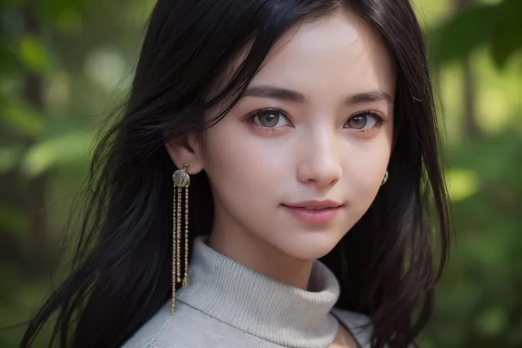 (best quality, masterpiece, 8K, ultra high res, realistic, close-up, photon mapping, radiosity, physically-based rendering:1.4), (photorealistic:1.4), (raw photo:1.4), (Exquisite details and textures:1.2), (black long hair:1.2), 1girl, solo ,(young), looking at viewer, (high collar sweater:1.2), necklace, jewelry, earrings, slim body, (smile:1.1), There are many flowers on the trees around the background forest,
