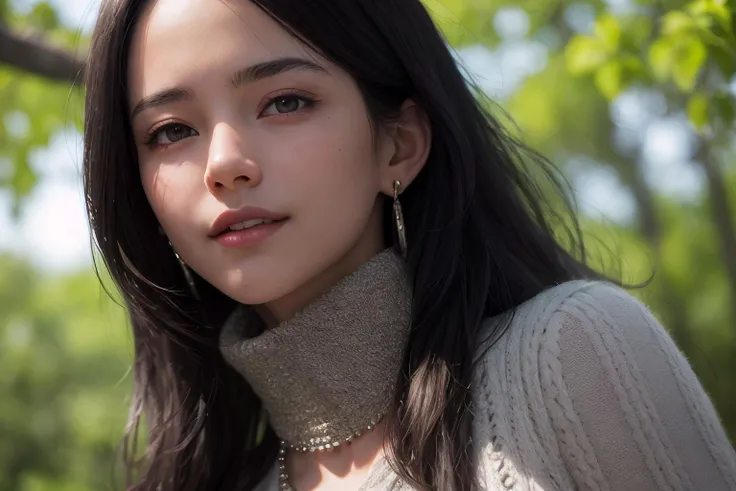 (best quality, masterpiece, 8K, ultra high res, realistic, close-up, photon mapping, radiosity, physically-based rendering:1.4), (photorealistic:1.4), (raw photo:1.4), (Exquisite details and textures:1.2), (black long hair:1.2), 1girl, solo ,(young), looking at viewer, (high collar sweater:1.2), necklace, jewelry, earrings, slim body, (smile:1.1), There are many flowers on the trees around the background forest,