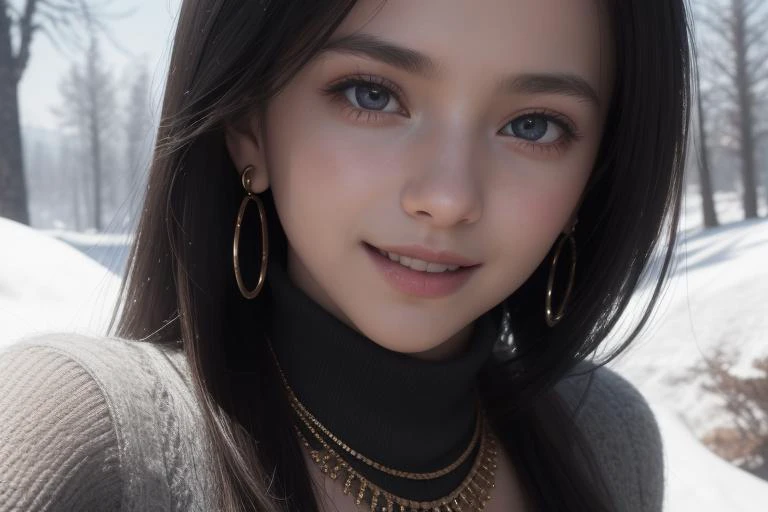 (best quality, masterpiece, 8K, ultra high res, realistic, close-up, photon mapping, radiosity, physically-based rendering:1.4), (photorealistic:1.4), (raw photo:1.4), (Exquisite details and textures:1.2), (black long hair:1.2), 1girl, solo ,(young), looking at viewer, (high collar sweater:1.2), necklace, jewelry, earrings, slim body, (smile:1.1), There is a lot of snow on the trees around the forest in the background,