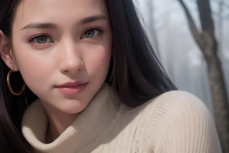 (best quality, masterpiece, 8K, ultra high res, realistic, close-up, photon mapping, radiosity, physically-based rendering:1.4), (photorealistic:1.4), (raw photo:1.4), Exquisite details and textures, (black long hair:1.2), 1girl, solo ,(young), looking at viewer, (high collar sweater:1.2), necklace, jewelry, earrings, slim body, (smile:1.1), There is a lot of snow on the trees around the forest in the background,