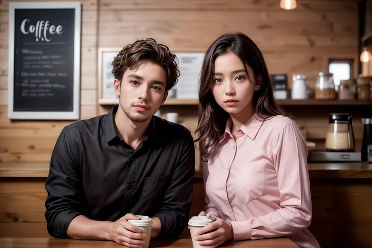 (8k, RAW photo, best quality, masterpiece:1.2), (realistic, photo-realistic:1.2), (photorealistic:1.4), (ultra high res, raw photo:1.4), (coffee shop background:1.2), (coffee shop:1.2), from front, facing to viewer, two hands in front of chests, face to face, (pink collared shirt:1.2), <lora:add_detail:0.4>, <lora:more_details:0.4>,