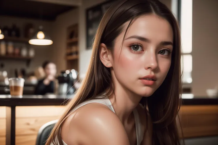 (8k, RAW photo, best quality, masterpiece:1.2), (realistic, photo-realistic:1.2), (photorealistic:1.4), (ultra high res, raw photo:1.4), ultra-detailed, a girl, perfect face, sitting, upper body, (softlight:1.2), (professional lighting:1.2), (studio:1.2), (coffee shop background:1.2),