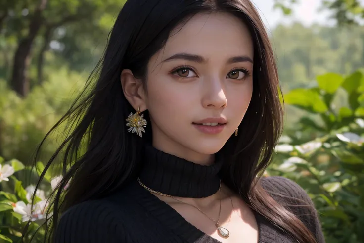 (best quality, masterpiece, 8K, ultra high res, realistic, close-up, photon mapping, radiosity, physically-based rendering:1.4), (photorealistic:1.4), (raw photo:1.4), (Exquisite details and textures:1.2), (black long hair:1.2), 1girl, solo ,(young), looking at viewer, (high collar sweater:1.2), necklace, jewelry, earrings, slim body, (smile:1.1), There are many flowers and butterflies on the trees around the forest in the background,