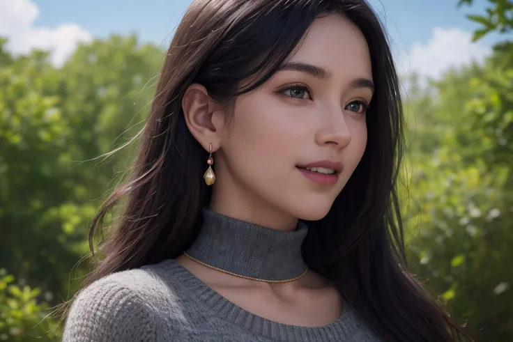 (best quality, masterpiece, 8K, ultra high res, realistic, close-up, photon mapping, radiosity, physically-based rendering:1.4), (photorealistic:1.4), (raw photo:1.4), (Exquisite details and textures:1.2), (black long hair:1.2), 1girl, solo ,(young), looking at viewer, (high collar sweater:1.2), necklace, jewelry, earrings, slim body, (smile:1.1), There are many flowers on the trees around the background forest,