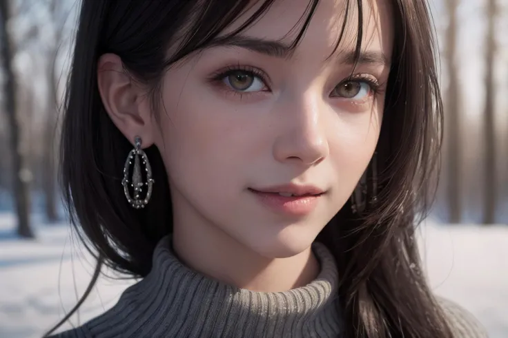 (best quality, masterpiece, 8K, ultra high res, realistic, close-up, photon mapping, radiosity, physically-based rendering:1.4), (photorealistic:1.4), (raw photo:1.4), (Exquisite details and textures:1.2), (black long hair:1.2), 1girl, solo ,(young), looking at viewer, (high collar sweater:1.2), necklace, jewelry, earrings, slim body, (smile:1.1), There is a lot of snow on the trees around the forest in the background,