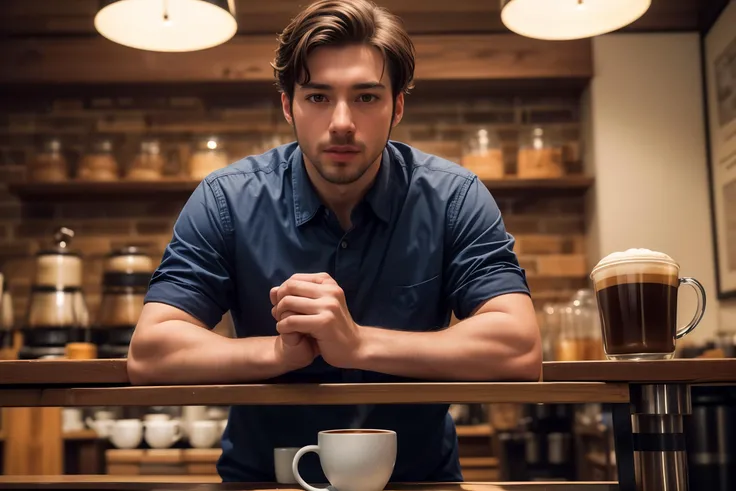 (8k, RAW photo, best quality, masterpiece:1.2), (realistic, photo-realistic:1.2), (photorealistic:1.4), (ultra high res, raw photo:1.4), (coffee shop background:1.2), (coffee shop:1.2), from front, facing to viewer, two hands in front of chests, face to face, (blue collared shirt:1.2), <lora:add_detail:0.4>, <lora:more_details:0.4>,