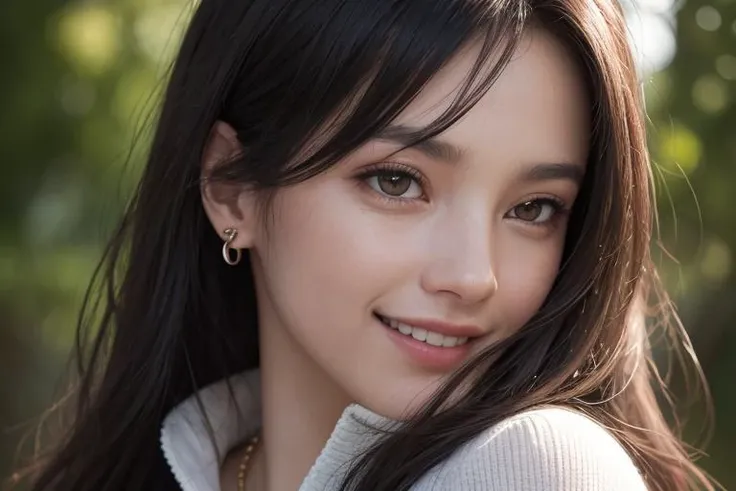 (best quality, masterpiece, 8K, ultra high res, realistic, close-up, photon mapping, radiosity, physically-based rendering:1.4), (photorealistic:1.4), (raw photo:1.4), (Exquisite details and textures:1.2), (black long hair:1.2), 1girl, solo ,(young), looking at viewer, (high collar sweater:1.2), necklace, jewelry, earrings, slim body, (smile:1.1), There are many flowers on the trees around the background forest,