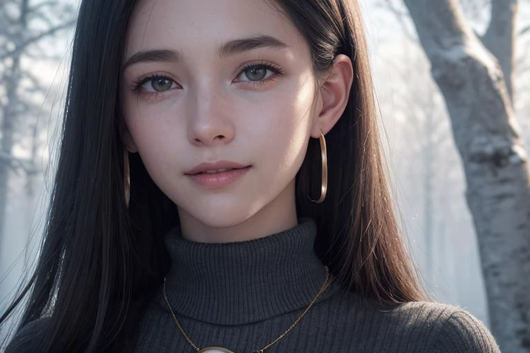 (best quality, masterpiece, 8K, ultra high res, realistic, close-up, photon mapping, radiosity, physically-based rendering:1.4), (photorealistic:1.4), (raw photo:1.4), Exquisite details and textures, (black long hair:1.2), 1girl, solo ,(young), looking at viewer, (high collar sweater:1.2), necklace, jewelry, earrings, slim body, (smile:1.1), There is a lot of snow on the trees around the forest in the background,