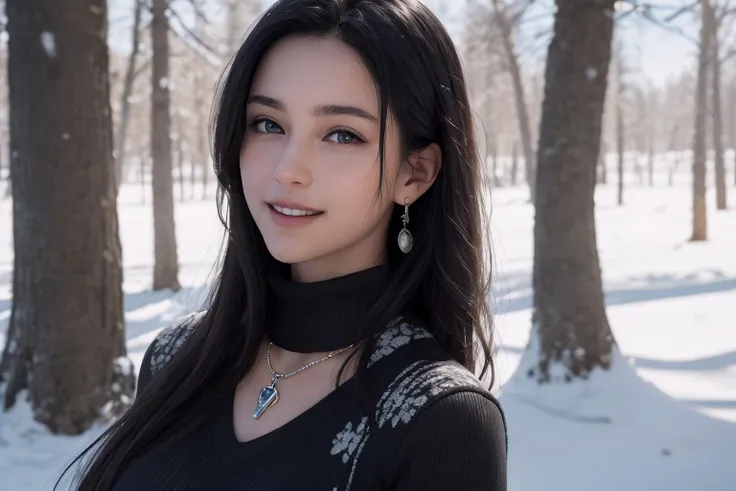 (best quality, masterpiece, 8K, ultra high res, realistic, close-up, photon mapping, radiosity, physically-based rendering:1.4), (photorealistic:1.4), (raw photo:1.4), (Exquisite details and textures:1.2), (black long hair:1.2), 1girl, solo ,(young), looking at viewer, (high collar sweater:1.2), necklace, jewelry, earrings, slim body, (smile:1.1), There is a lot of snow on the trees around the forest in the background,