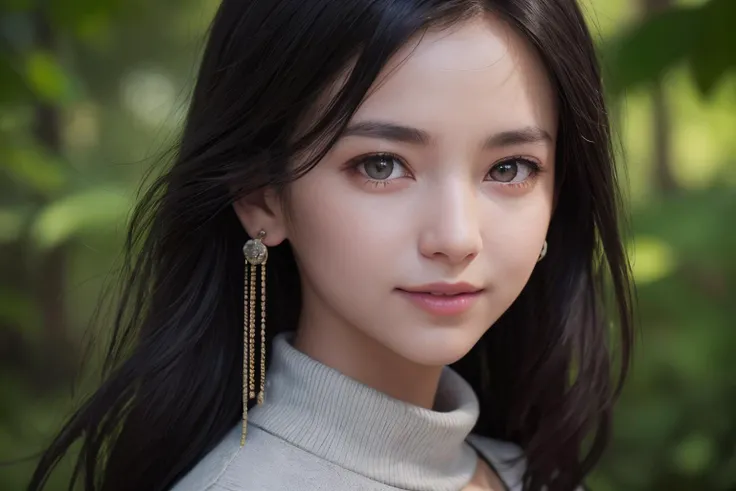 (best quality, masterpiece, 8K, ultra high res, realistic, close-up, photon mapping, radiosity, physically-based rendering:1.4), (photorealistic:1.4), (raw photo:1.4), (Exquisite details and textures:1.2), (black long hair:1.2), 1girl, solo ,(young), looking at viewer, (high collar sweater:1.2), necklace, jewelry, earrings, slim body, (smile:1.1), There are many flowers on the trees around the background forest,