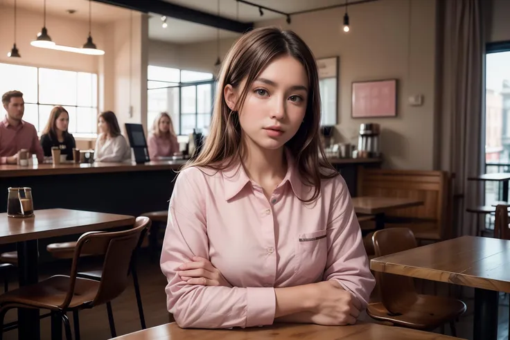 (8k, RAW photo, best quality, masterpiece:1.2), (realistic, photo-realistic:1.2), (photorealistic:1.4), (ultra high res, raw photo:1.4), (coffee shop background:1.2), (coffee shop:1.2), from front, facing to viewer, two hands in front of chests, face to face, (pink collared shirt:1.2), <lora:add_detail:0.4>, <lora:more_details:0.4>,