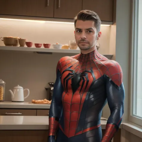 modelshoot style, masterpiece, sharp focus, a picture of spiderman, standing in a kitchen, 5 o'clock shadow, stubble, age 43