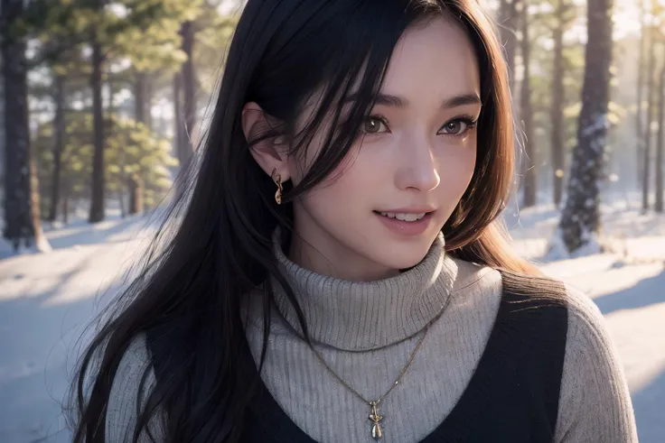 (best quality, masterpiece, 8K, ultra high res, realistic, close-up, photon mapping, radiosity, physically-based rendering:1.4), (photorealistic:1.4), (raw photo:1.4), (Exquisite details and textures:1.2), (black long hair:1.2), 1girl, solo ,(young), looking at viewer, (high collar sweater:1.2), necklace, jewelry, earrings, slim body, (smile:1.1), There is a lot of snow on the trees around the forest in the background,