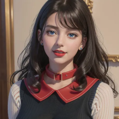 solo, photorealistic, best quality, ultra high res, long curly black hair, big blue eyes, cheerful expression, curvy figure,((((red_collar))),sweater beautiful, masterpiece, best quality, extremely detailed face, perfect lighting, solo,1girl, best quality, ultra high res, photorealistic, ultra detailed, masterpiece, best quality, suzy1