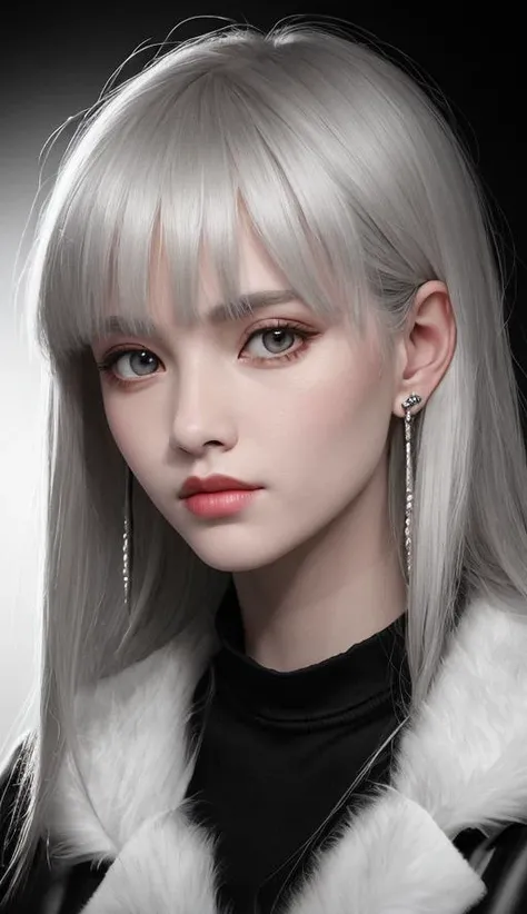 Modern fashion white-haired girl with earrings, transparent big eyes, face close-up, 1.8 aperture, 8k, studio environment, ultra-detailed performance, fur top, intricate and fine, (dark background, soft halo, low saturation, Surrealist photography master Yousuf Karsh style, positive side lighting, sharp: 1.2) The picture is forced to center