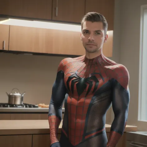 modelshoot style, masterpiece, sharp focus, a picture of spiderman, standing in a kitchen, 5 o'clock shadow, stubble, age 43