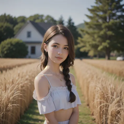 1girl,((stu_nednaree)), with braided hair, standing in a rustic farm setting. She has a soft, gentle smile and expressive eyes. The background features a charming barn, (fields of golden wheat), and a clear blue sky. The composition should be bathed in the warm, golden hour light, with a gentle depth of field and soft bokeh to accentuate the pastoral serenity. Capture the image as if it were taken on an old-school 35mm film for added charm, filmg